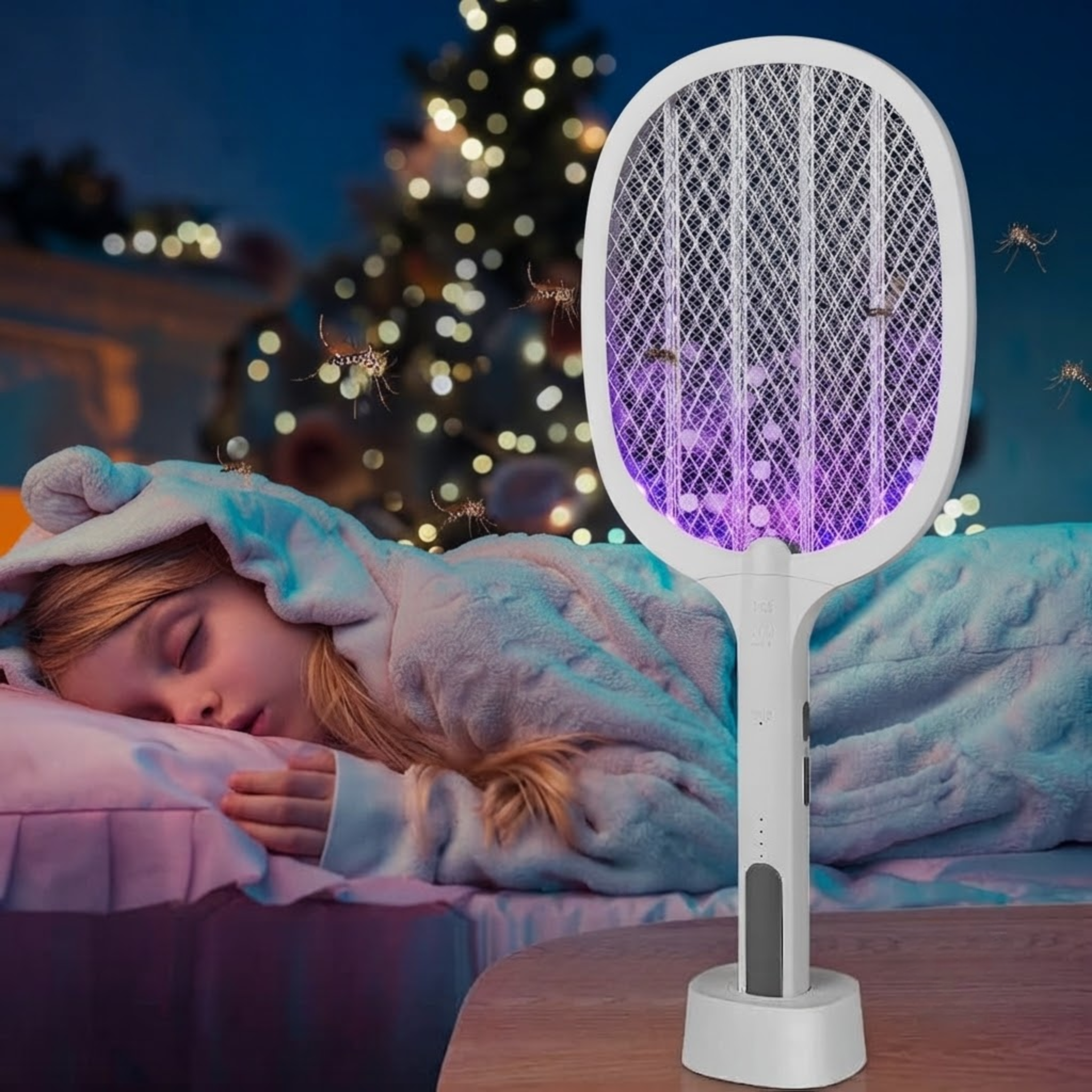 2-in-1 Rechargeable Electric Mosquito Killer Racket with LED Night Lamp | Electric Fly Swatter