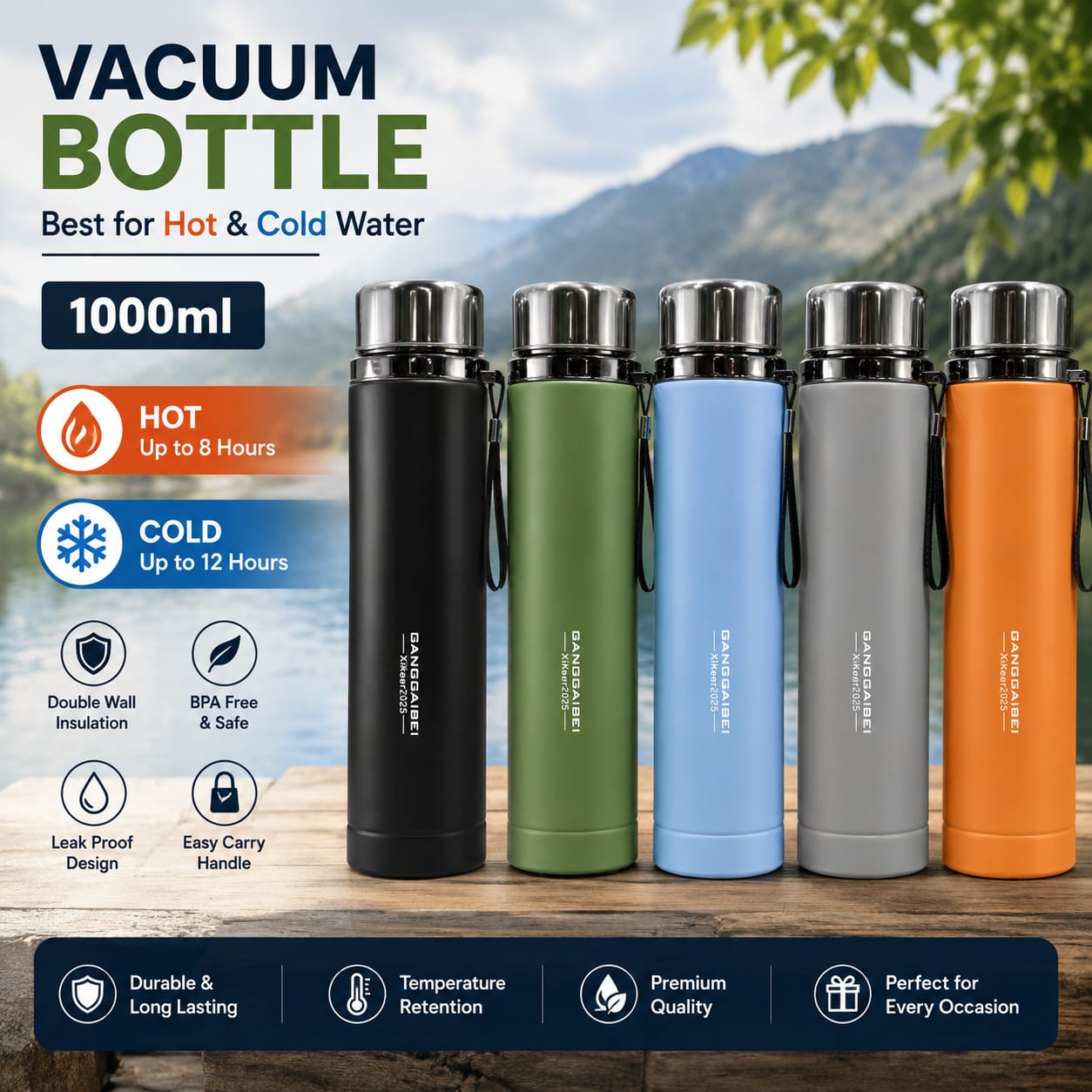 Premium 1000ml Double Wall Insulated Vacuum Bottle